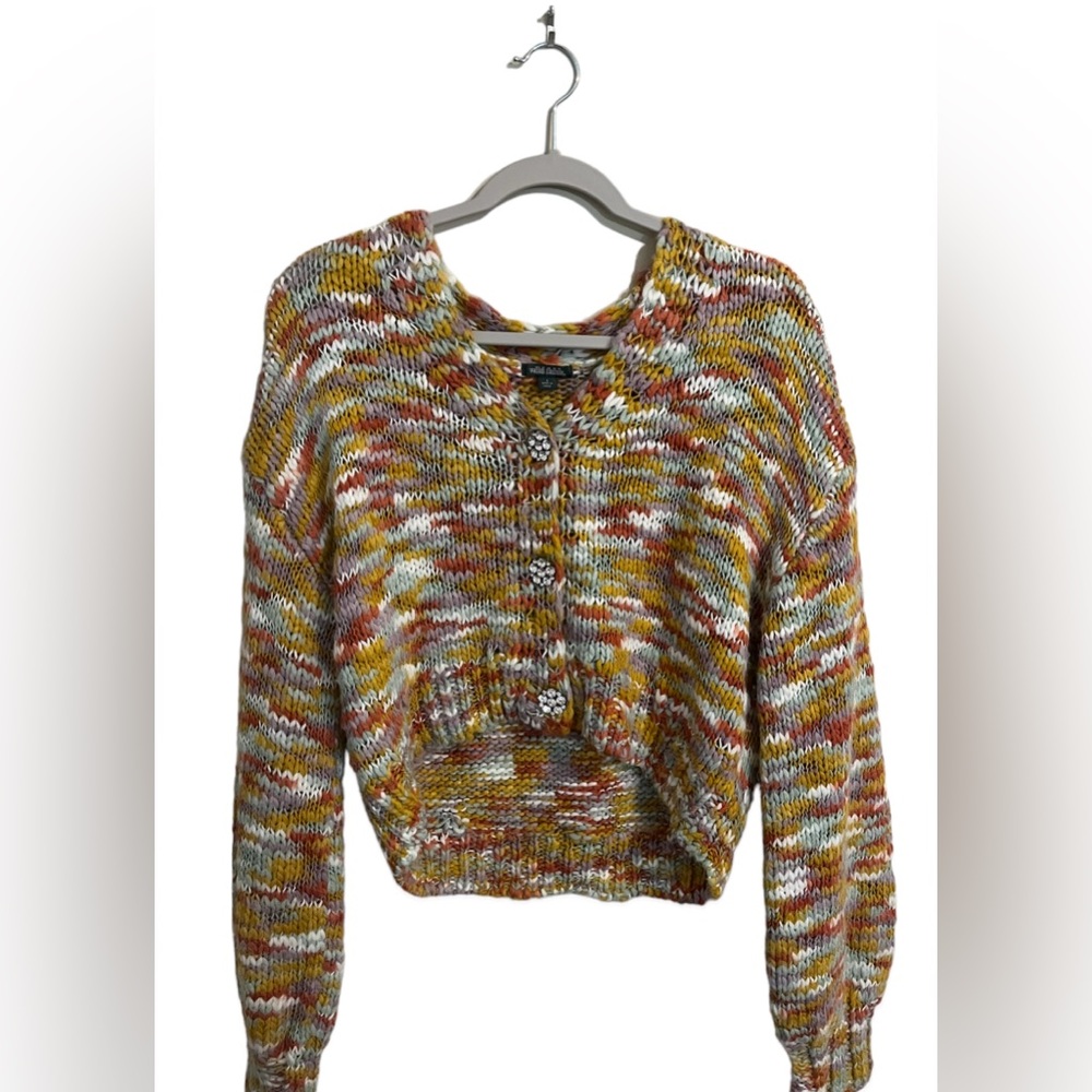 Multicolored Knitted Loose Sweater with Crystal Buttons
